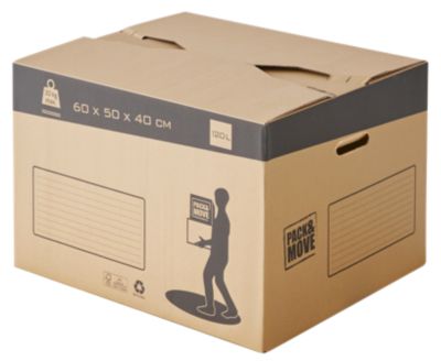 Lot de 10 cartons déménagement sans adhésif avec poignées H. 40 x L. 60 x l. 50 cm, capacité 120 L Pack and Move