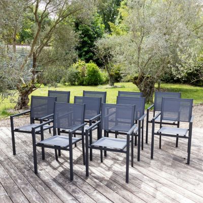 Lot de 10 chaises en aluminium anthracite - textilène gris - HAPPY GARDEN