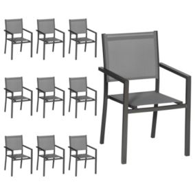 Lot de 10 chaises en aluminium anthracite - textilène gris - HAPPY GARDEN