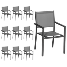 Lot de 10 chaises en aluminium anthracite - textilène gris - Happy Garden