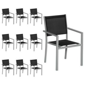 Lot de 10 chaises en aluminium gris - textilène noir - Happy Garden