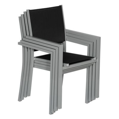 Lot de 10 chaises en aluminium gris - textilène noir - Happy Garden