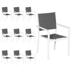 Lot de 10 chaises rembourrées en aluminium blanc - textilène gris - Happy Garden