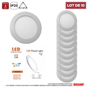 Lot de 10 Spot Encastrable Led Downlight Panel Extra plat 12w Blanc Chaud 3000k, Diamètre : 168mm