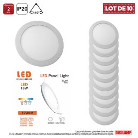 Lot de 10 Spot Encastrable Led Downlight Panel Extra plat 18w Blanc Chaud 3000k