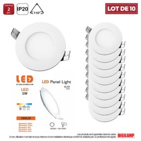 Lot de 10 Spot Encastrable Led Downlight Panel Extra plat 5w Blanc Chaud 3000k