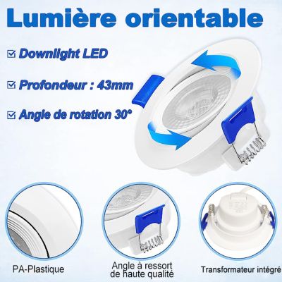 Lot De 10 Spots LED Encastrables Fixes - Blanc Chaud, 7W, Angle 38°, Avec Ampoules GU10 - Neuf