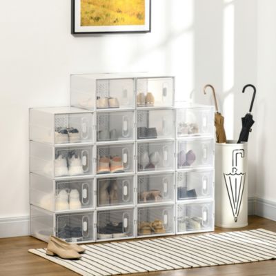 Lot de 18 boites cubes rangement à chaussures modulable avec portes transparentes - dim. 25L x 35l x 19H cm - PP blanc transparent