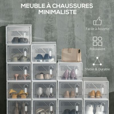 Lot de 18 boites cubes rangement à chaussures modulable avec portes transparentes - dim. 25L x 35l x 19H cm - PP blanc transparent