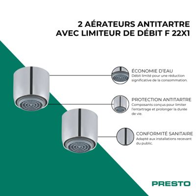 Lot de 2 aérateurs antitartre avec limiteur de débit 1,9 l/min F 22x1 ...