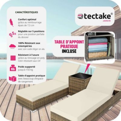 Lot de 2 bain de soleil tectake L. 184 cm en aluminium H. 70 cm marron