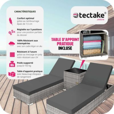 Lot de 2 bain de soleil tectake L. 184 cm H. 70 cm en aluminium gris