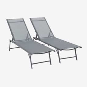 Lot de 2 bains de soleil acier textilène inclinable 4 positions Tropea anthracite. 165 x 54.5 x 82.5 cm