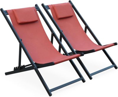 Lot de 2 bains de soleil aluminium et textilene avec coussin repose tete multi positions