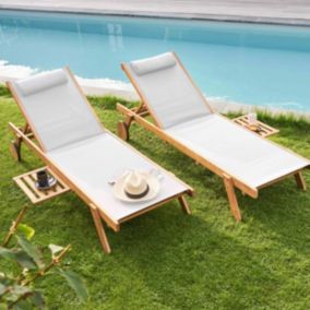 Lot de 2 bains de soleil avec coussin et tablette en bois blanc  Oviala