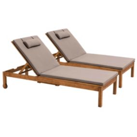 Lot de 2 bains de soleil avec coussin et tablette en bois taupe  Oviala