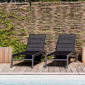 Lot de 2 bains de soleil BARBADOS en textilène noir - aluminium gris anthracite - HAPPY GARDEN