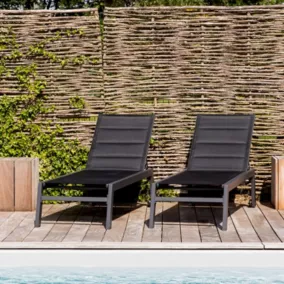 Lot de 2 bains de soleil BARBADOS en textilène noir - aluminium gris anthracite - Happy Garden