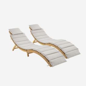 Lot de 2 bains de soleil en bois d'acacia LAURE avec coussin beige en polyester. 184 x 55 x 63.5 cm