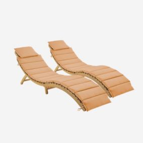 Lot de 2 bains de soleil en bois d'acacia LAURE avec coussin pêche en polyester. 184 x 55 x 63.5 cm