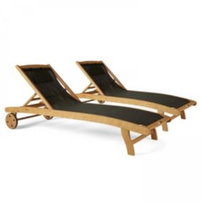 Lot de 2 bains de soleil en bois inclinable avec roues noir  Oviala