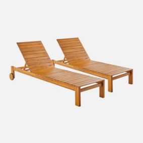 Lot de 2 bains de soleil FAVONA en bois d'acacia avec roulettes. 205 x 67.5 x 32 cm