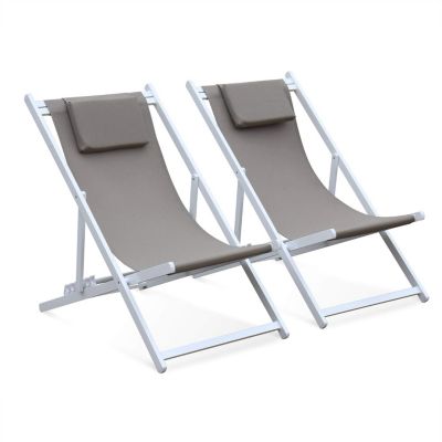 Lot de 2 Bains de Soleil - Gaia Taupe - en Aluminium Blanc et textilene Taupe avec Coussin Repose tête