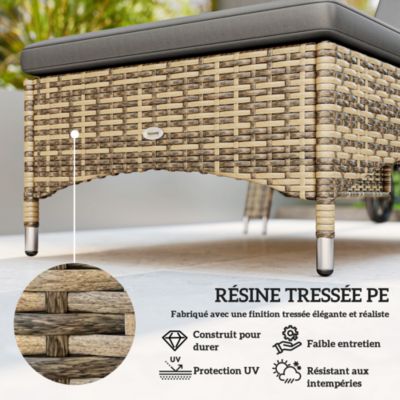 Lot de 2 bains de soleil inclinables tout confort avec table d'appoint résine tressée beige