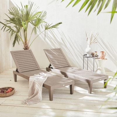 Lot de 2 bains de soleil. PIA. transats multi positions. en plastique. gris taupe