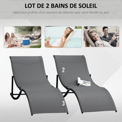 Lot de 2 bains de soleil pliables design contemporain - lot de 2 transats ergonomiques - alu. textilène anthracite
