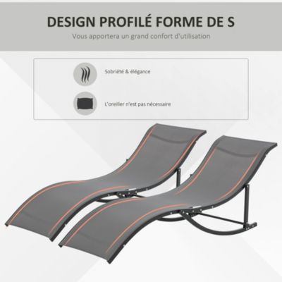 Lot de 2 bains de soleil pliables design contemporain - lot de 2 transats ergonomiques - alu. textilène anthracite