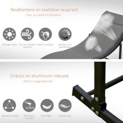 Lot de 2 bains de soleil pliables design contemporain - lot de 2 transats ergonomiques - alu. textilène anthracite