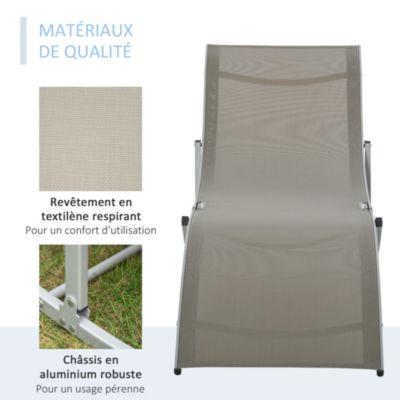 Lot de 2 bains de soleil pliables design contemporain - lot de 2 transats ergonomiques - alu. textilène gris clair