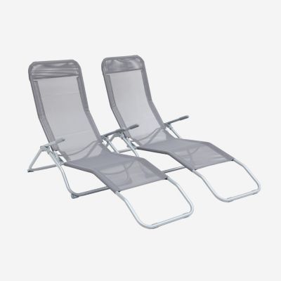 Lot de 2 bains de soleil pliants - Levito Gris Anthracite - Transats textilène 2 positions. chaises longues