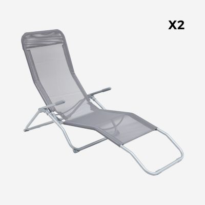 Lot de 2 bains de soleil pliants - Levito Gris Anthracite - Transats textilène 2 positions. chaises longues