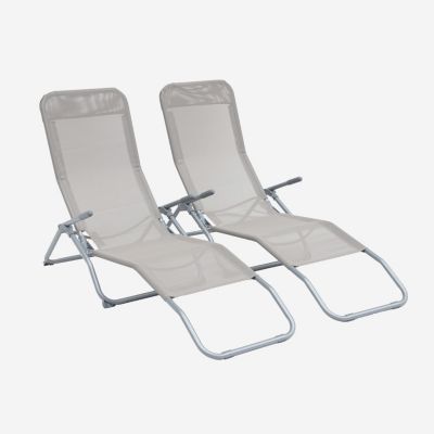 Lot de 2 bains de soleil pliants - Levito Gris taupe- Transats textilène 2 positions. chaises longues