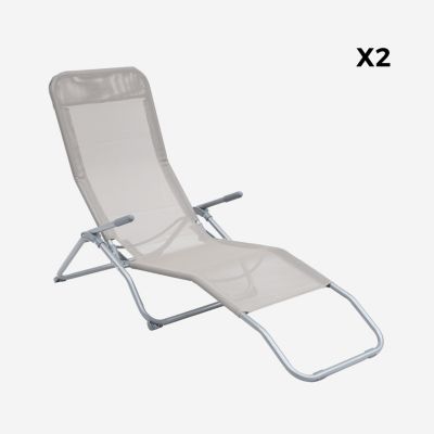 Lot de 2 bains de soleil pliants - Levito Gris taupe- Transats textilène 2 positions. chaises longues