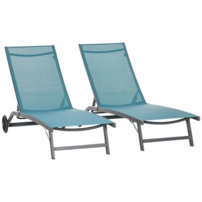 Lot de 2 bains de soleil transats inclinables - 2 roulettes - alu. textilène bleu