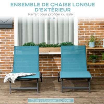 Lot de 2 bains de soleil transats inclinables - 2 roulettes - alu. textilène bleu