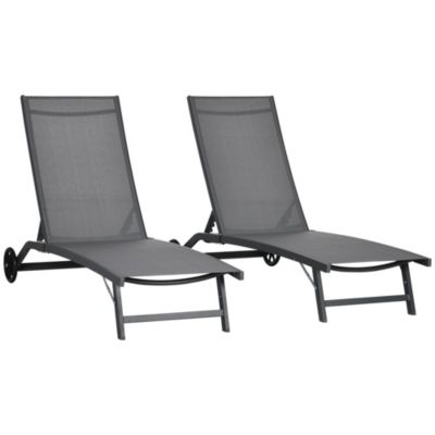 Lot de 2 bains de soleil transats inclinables - 2 roulettes - alu. textilène gris