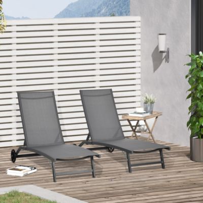 Lot de 2 bains de soleil transats inclinables - 2 roulettes - alu. textilène gris