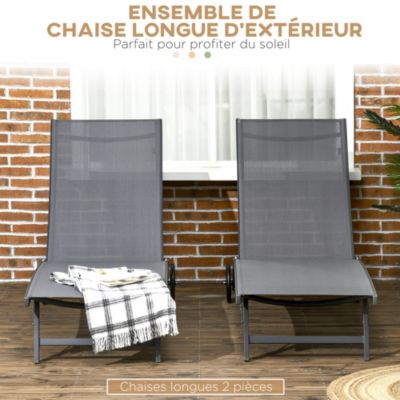 Lot de 2 bains de soleil transats inclinables - 2 roulettes - alu. textilène gris