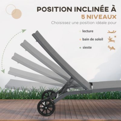 Lot de 2 bains de soleil transats inclinables - 2 roulettes - alu. textilène gris