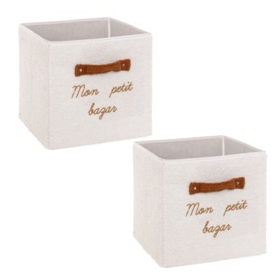 Lot de 2 boîtes de rangement en bouclette Blanc, L. 29 x l. 29 x H. 29 cm, MON PETIT BAZAR