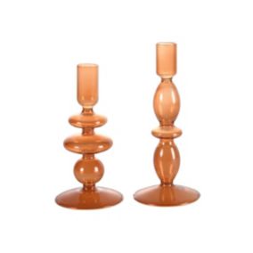 Lot de 2 bougeoirs - H.21 et 18,5 cm - Verre - Orange - KANDIE