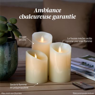 Lot de 2 bougies à LED 15 cm en cire avec télécommande, flamme vacillante - Vivezen