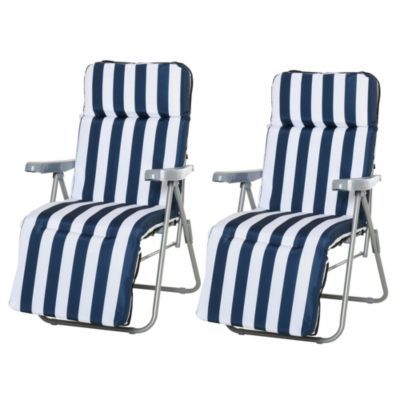 Lot de 2 chaise longue bain de soleil adjustable pliable transat lit de jardin en acier bleu + blanc