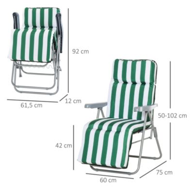 Lot de 2 chaise longue bain de soleil adjustable pliable transat lit de jardin en acier vert + blanc