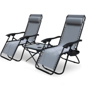 Lot de 2 Chaise Longue Gris - Inclinable - Table Pliable - Support Gobelet - Chaise de Jardin Pliable - Rembourrage de Tête