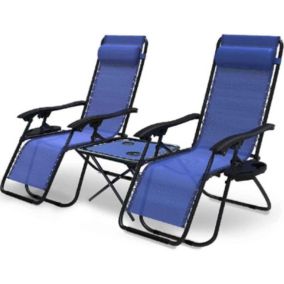 Lot de 2 Chaise Longue Inclinable + Table Pliable en Textilène Tête Rembourrée Jardin Piscine